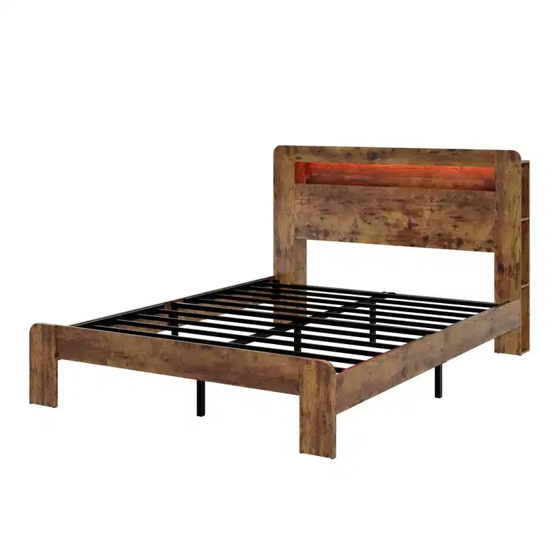 Lit plateforme double/grand lit/très grand lit avec tête de lit de rangement à LED, cadre de lit plateforme en bois avec 2 ports USB, grand espace de rangement sous le lit
