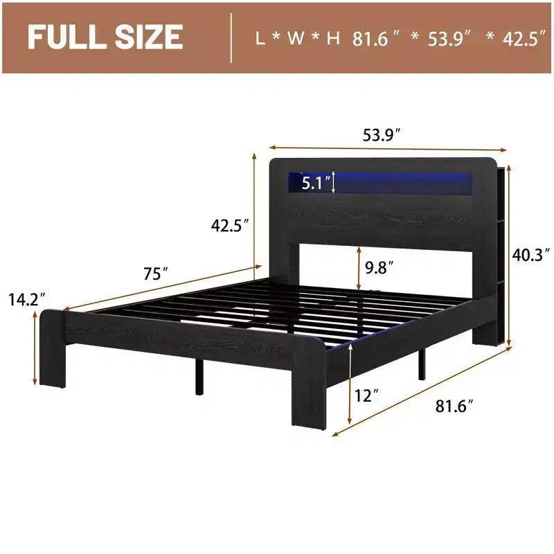 Lit plateforme double/grand lit/très grand lit avec tête de lit de rangement à LED, cadre de lit plateforme en bois avec 2 ports USB, grand espace de rangement sous le lit