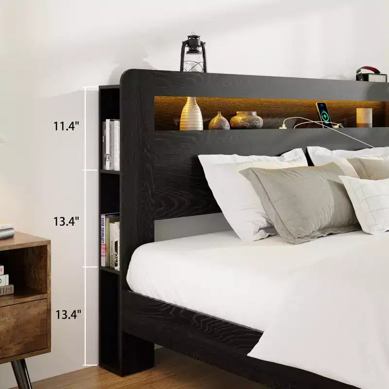 Lit plateforme double/grand lit/très grand lit avec tête de lit de rangement à LED, cadre de lit plateforme en bois avec 2 ports USB, grand espace de rangement sous le lit