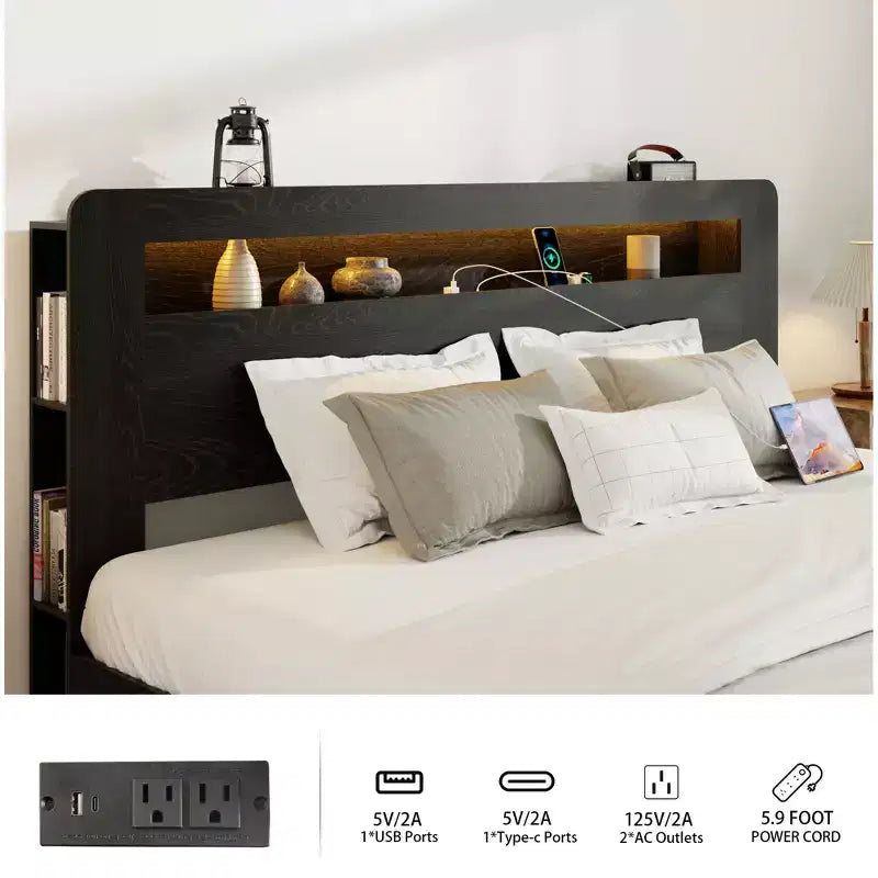 Lit plateforme double/grand lit/très grand lit avec tête de lit de rangement à LED, cadre de lit plateforme en bois avec 2 ports USB, grand espace de rangement sous le lit