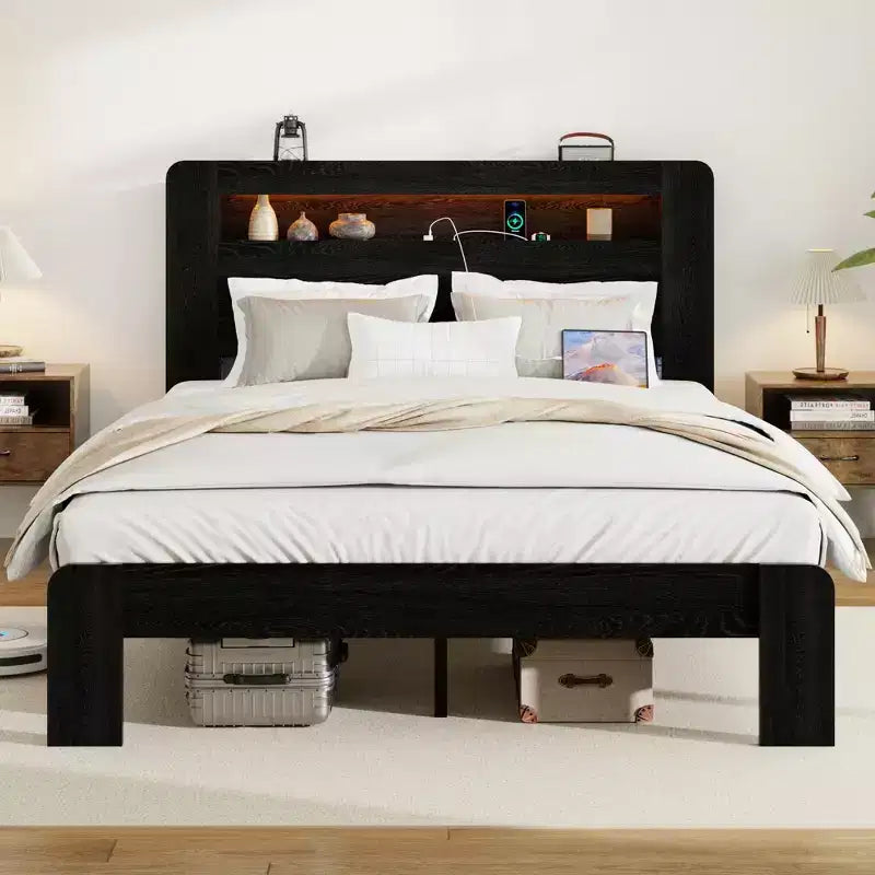 Lit plateforme double/grand lit/très grand lit avec tête de lit de rangement à LED, cadre de lit plateforme en bois avec 2 ports USB, grand espace de rangement sous le lit