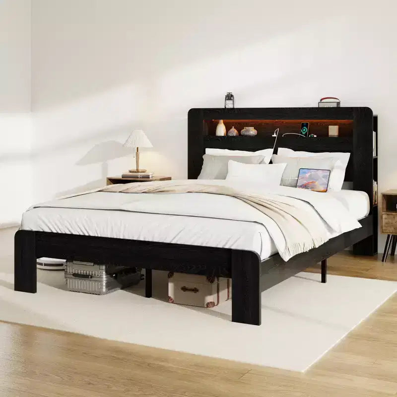 Lit plateforme double/grand lit/très grand lit avec tête de lit de rangement à LED, cadre de lit plateforme en bois avec 2 ports USB, grand espace de rangement sous le lit