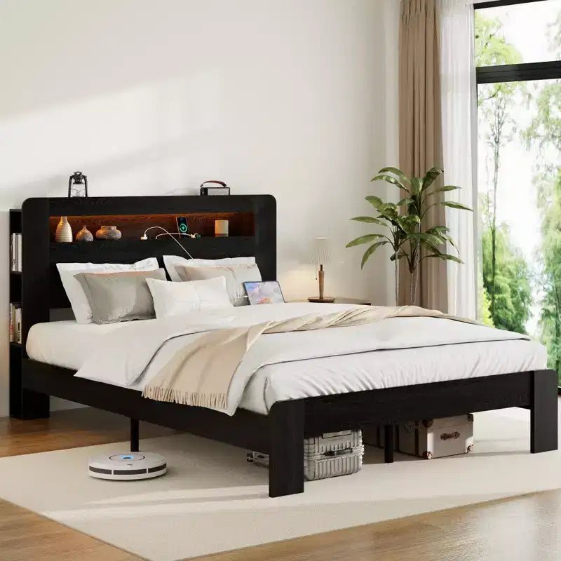 Full/Queen/King Size Platform Bed with LED Storage Headboard, Wood Platform Bed Frame with 2 USB, Large Under Bed Storage
