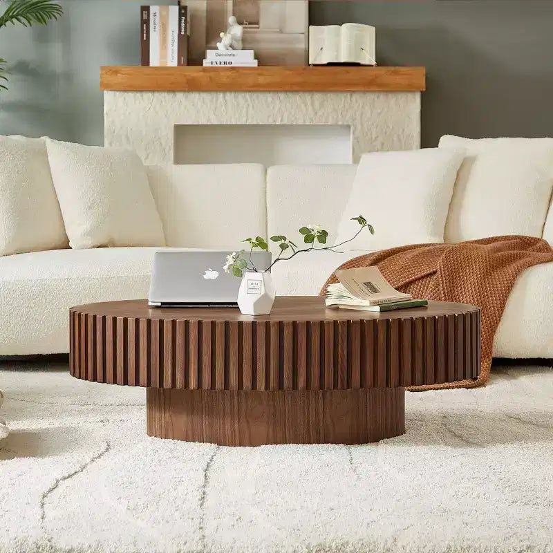 JVNOXK Table basse tambour artisanale moderne, longueur 111 cm, table basse elliptique pour salon, petite table basse ovale avec piédestal robuste, noyer