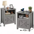 2 PCS Nightstand with Charging Station, Farmhouse Bedside Table with Open Shelf, Enclosed Cabinet, USB Port and AC Outlet, Bedside table with storage