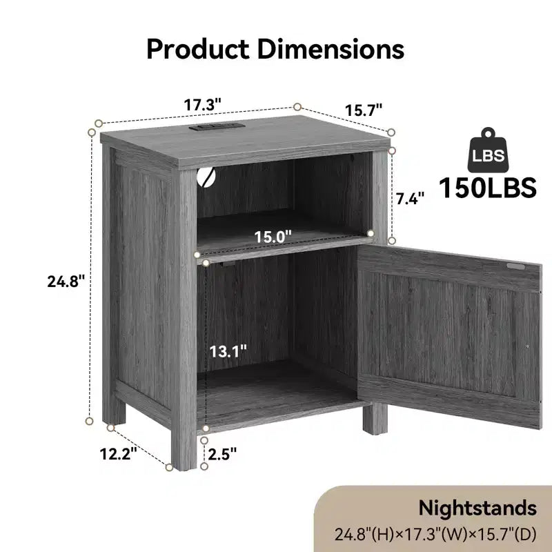 2 tables de chevet avec station de recharge, table de chevet de ferme avec étagère ouverte, armoire fermée, port USB et prise secteur, table de chevet avec rangement
