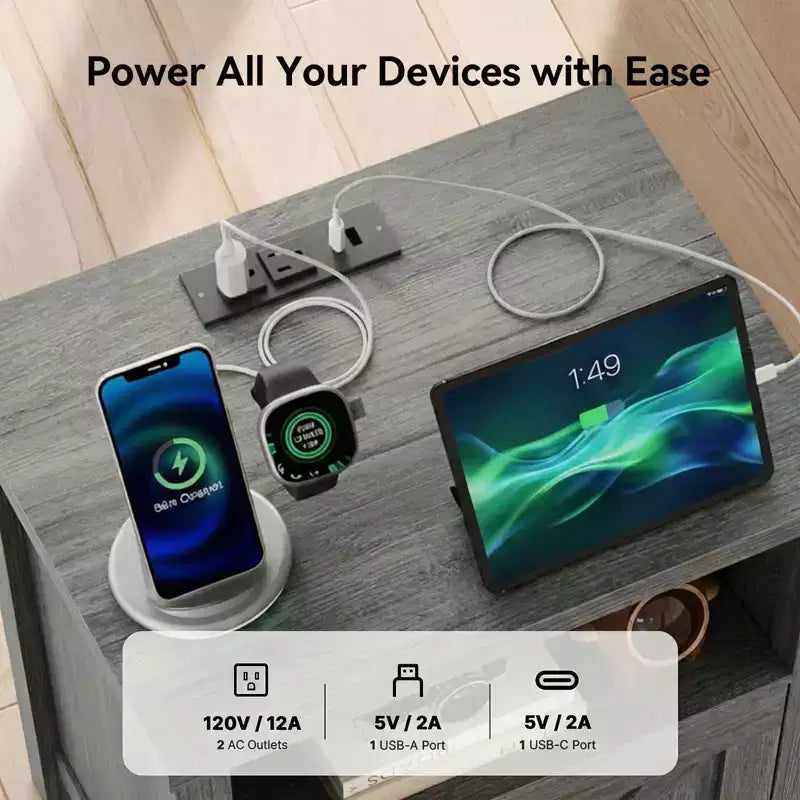 2 tables de chevet avec station de recharge, table de chevet de ferme avec étagère ouverte, armoire fermée, port USB et prise secteur, table de chevet avec rangement
