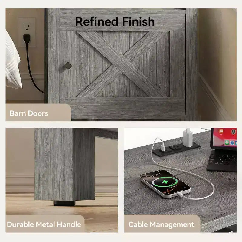 2 tables de chevet avec station de recharge, table de chevet de ferme avec étagère ouverte, armoire fermée, port USB et prise secteur, table de chevet avec rangement