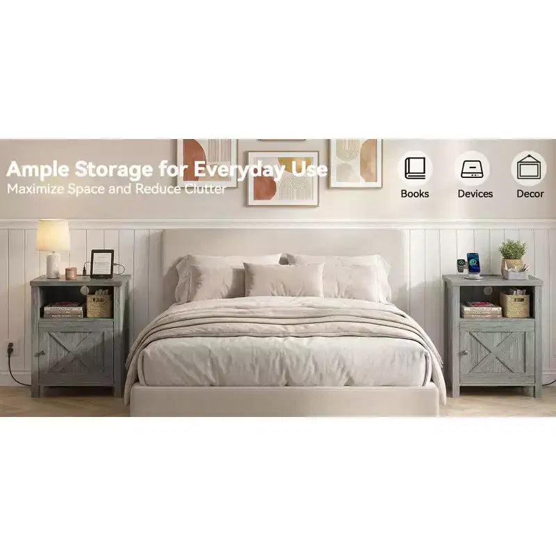 2 tables de chevet avec station de recharge, table de chevet de ferme avec étagère ouverte, armoire fermée, port USB et prise secteur, table de chevet avec rangement
