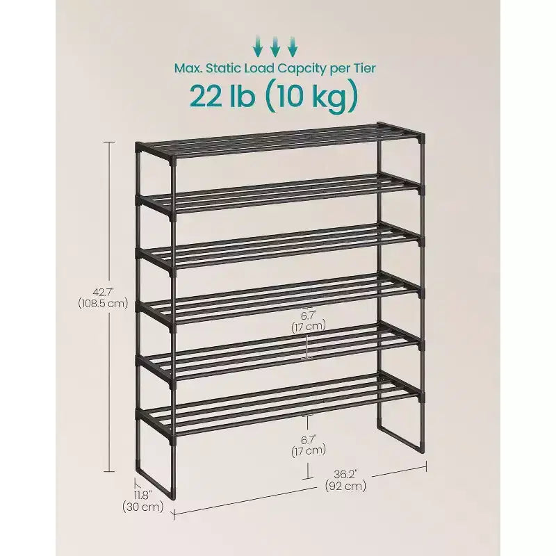 Étagère à chaussures métallique 6 niveaux, utilisation à la verticale ou à l'envers, peut contenir 24 à 30 paires, empilable, 30x92x108,5 cm, noire, pour entrée