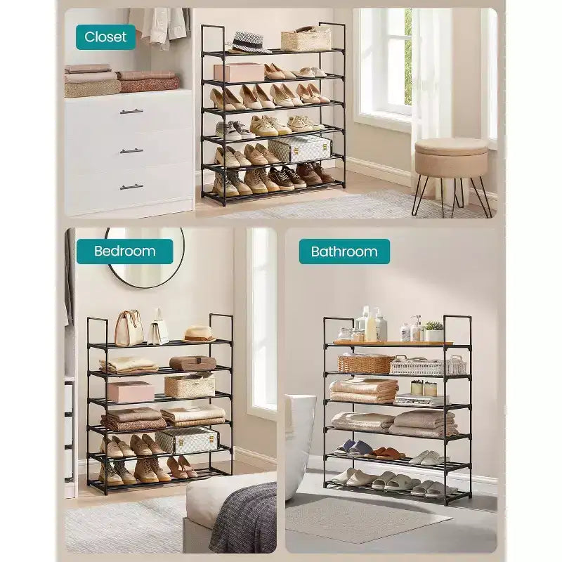 Étagère à chaussures métallique 6 niveaux, utilisation à la verticale ou à l'envers, peut contenir 24 à 30 paires, empilable, 30x92x108,5 cm, noire, pour entrée