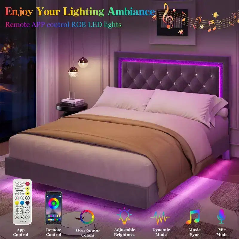 Lit King Size flottant avec lumières LED. Lit plateforme rembourré avec tête de lit capitonnée. Lattes en bois. Sommier tapissier non requis. Sans bruit.