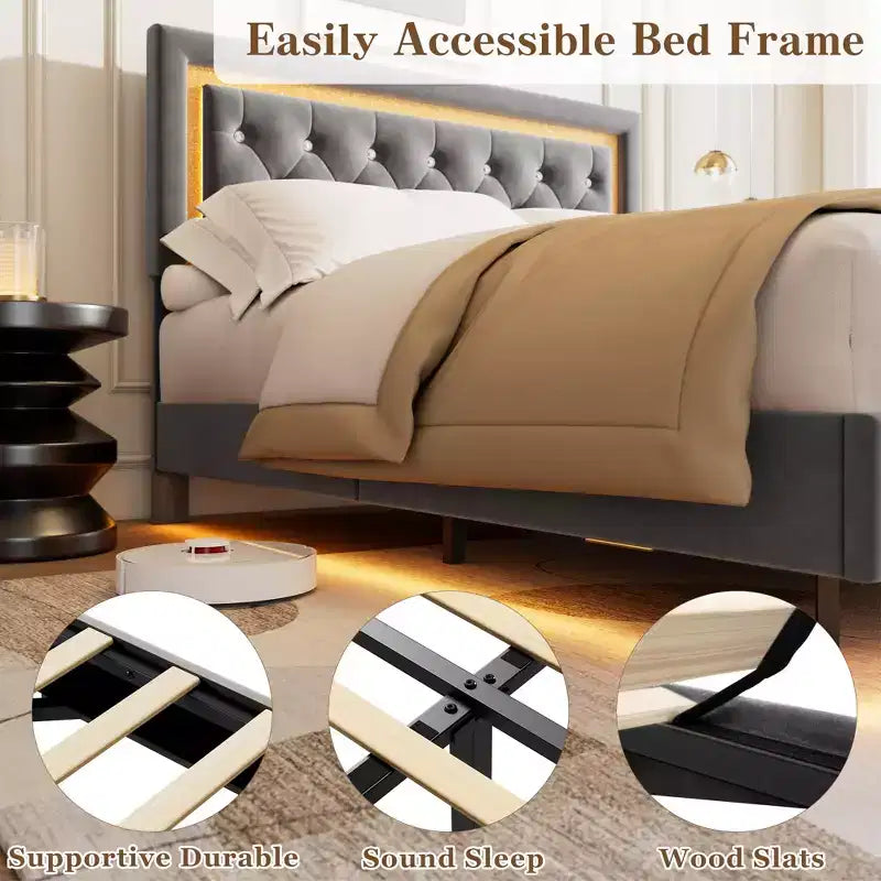 Lit King Size flottant avec lumières LED. Lit plateforme rembourré avec tête de lit capitonnée. Lattes en bois. Sommier tapissier non requis. Sans bruit.