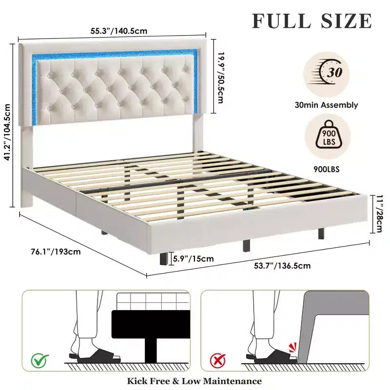 Lit King Size flottant avec lumières LED. Lit plateforme rembourré avec tête de lit capitonnée. Lattes en bois. Sommier tapissier non requis. Sans bruit.