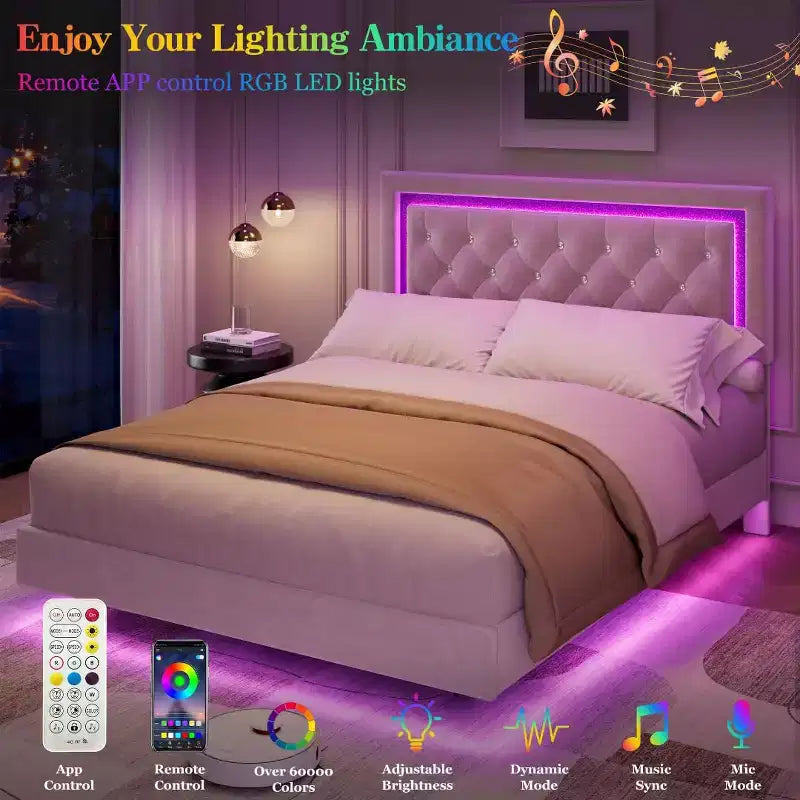 Lit King Size flottant avec lumières LED. Lit plateforme rembourré avec tête de lit capitonnée. Lattes en bois. Sommier tapissier non requis. Sans bruit.