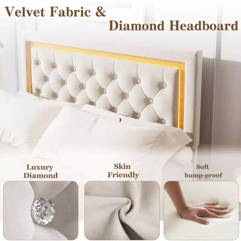 Lit King Size flottant avec lumières LED. Lit plateforme rembourré avec tête de lit capitonnée. Lattes en bois. Sommier tapissier non requis. Sans bruit.