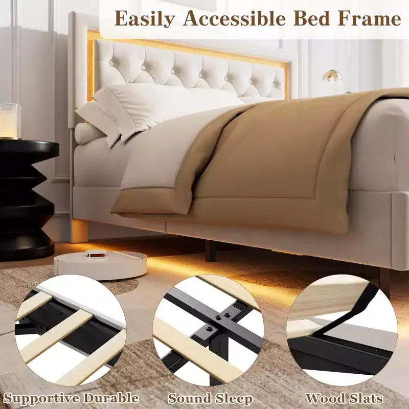 Lit King Size flottant avec lumières LED. Lit plateforme rembourré avec tête de lit capitonnée. Lattes en bois. Sommier tapissier non requis. Sans bruit.