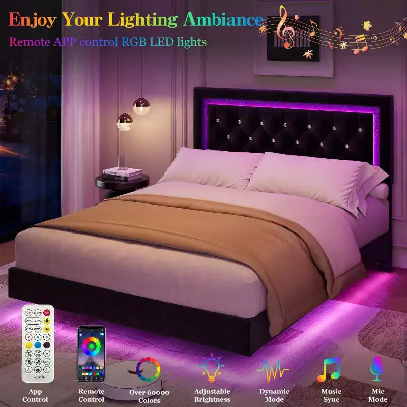 Lit King Size flottant avec lumières LED. Lit plateforme rembourré avec tête de lit capitonnée. Lattes en bois. Sommier tapissier non requis. Sans bruit.