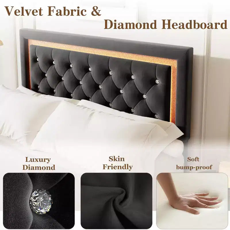 Lit King Size flottant avec lumières LED. Lit plateforme rembourré avec tête de lit capitonnée. Lattes en bois. Sommier tapissier non requis. Sans bruit.