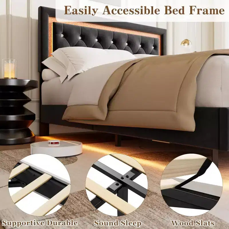 Lit King Size flottant avec lumières LED. Lit plateforme rembourré avec tête de lit capitonnée. Lattes en bois. Sommier tapissier non requis. Sans bruit.