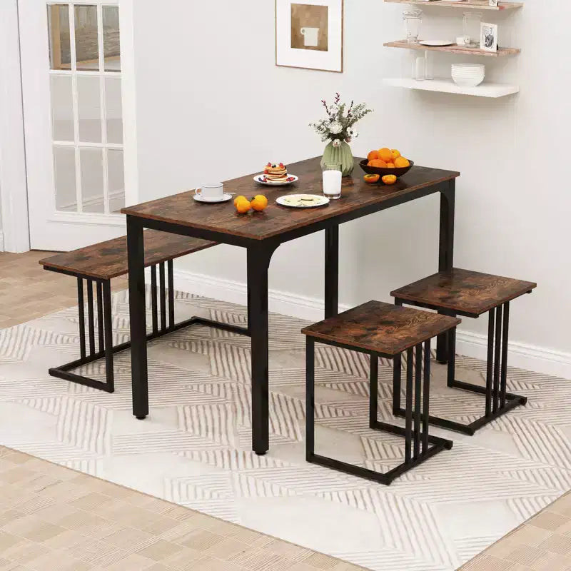 Costway Ensemble table à manger 4 pièces, table de cuisine industrielle avec banc et 2 tabourets pour 4 personnes
