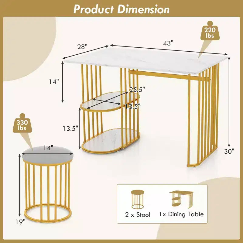 Costway Ensemble table à manger 3 pièces avec 2 tabourets Étagère de rangement à 2 niveaux Siège rembourré