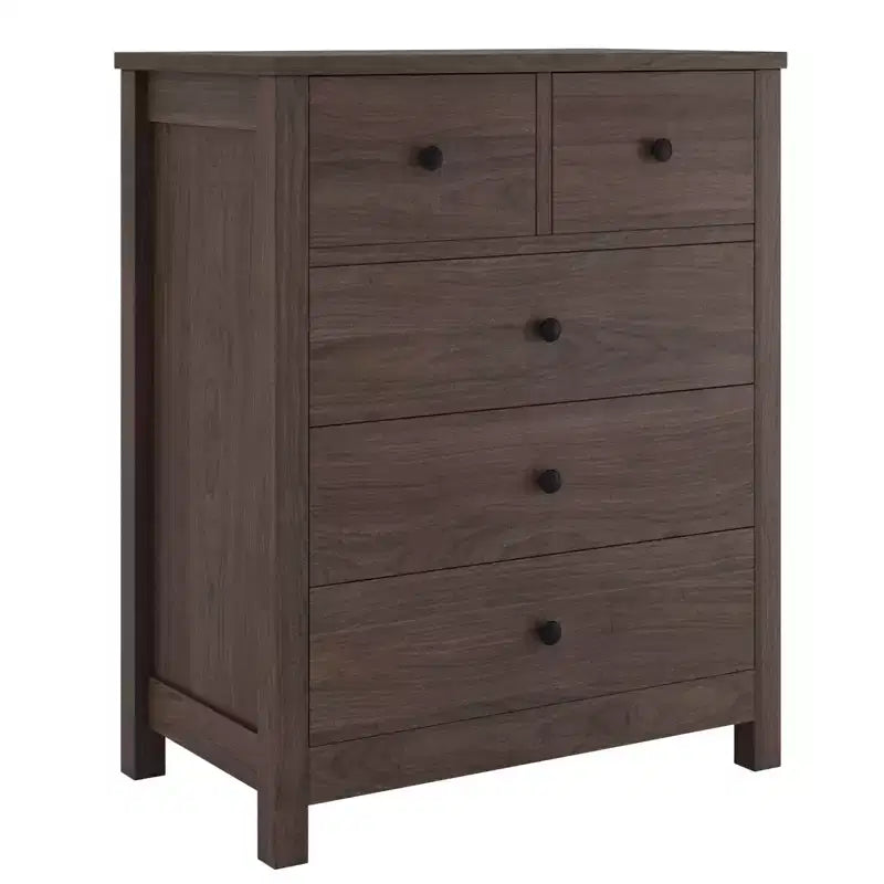 5 Drawer Wood Dresser with Deep Storage Drawers, Sturdy Entryway Cabinet with Round Handles for Bedroom Living Room Office