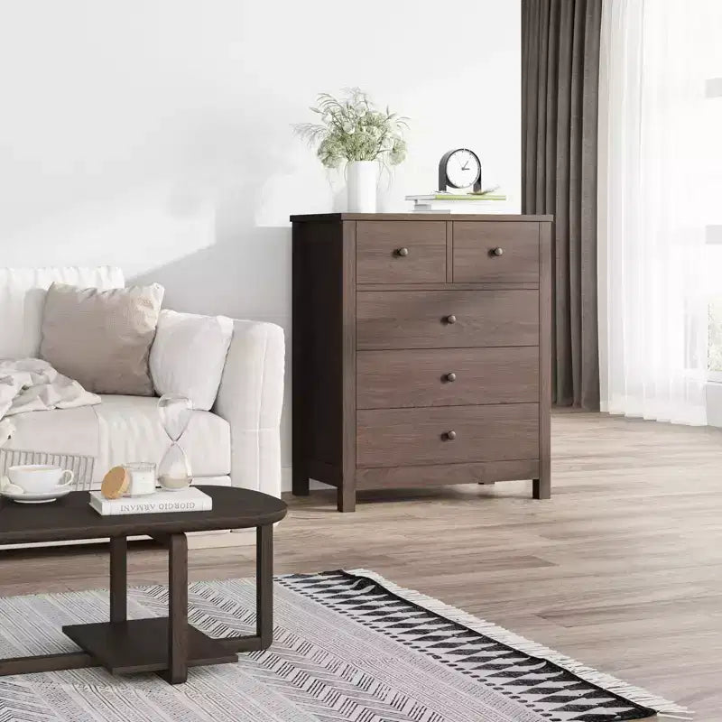 Commode en bois à 5 tiroirs avec tiroirs profonds, armoire d'entrée robuste avec poignées rondes pour chambre à coucher, salon, bureau