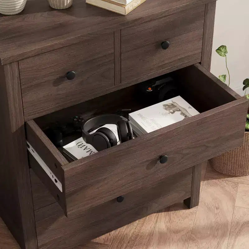 Commode en bois à 5 tiroirs avec tiroirs profonds, armoire d'entrée robuste avec poignées rondes pour chambre à coucher, salon, bureau