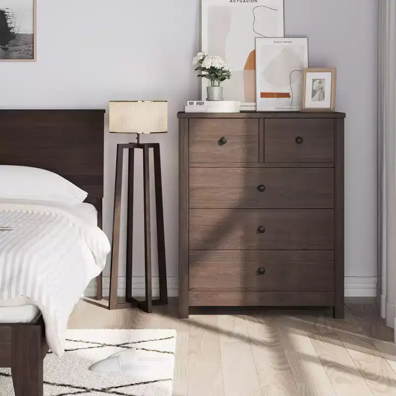 Commode en bois à 5 tiroirs avec tiroirs profonds, armoire d'entrée robuste avec poignées rondes pour chambre à coucher, salon, bureau
