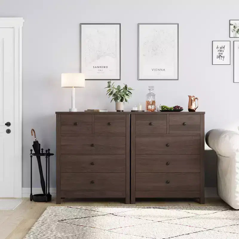 Commode en bois à 5 tiroirs avec tiroirs profonds, armoire d'entrée robuste avec poignées rondes pour chambre à coucher, salon, bureau