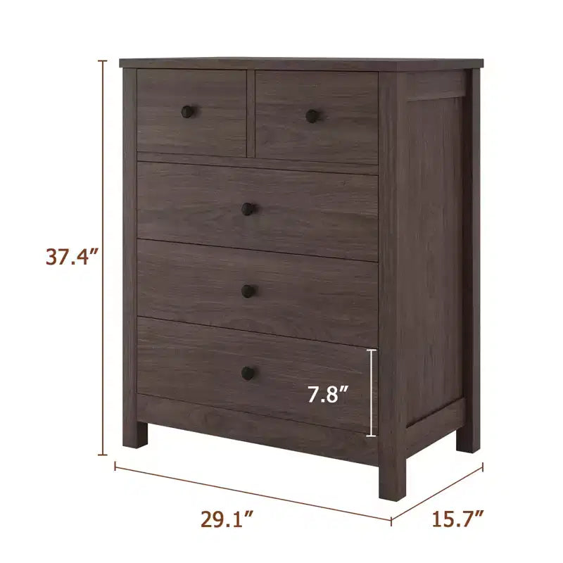 Commode en bois à 5 tiroirs avec tiroirs profonds, armoire d'entrée robuste avec poignées rondes pour chambre à coucher, salon, bureau