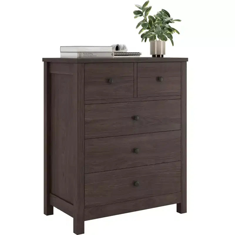 Commode en bois à 5 tiroirs avec tiroirs profonds, armoire d'entrée robuste avec poignées rondes pour chambre à coucher, salon, bureau