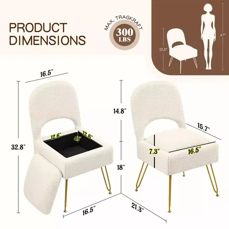 Chaise de coiffeuse Furniliving avec rangement, Chaise de maquillage avec rangement et dossier pliable