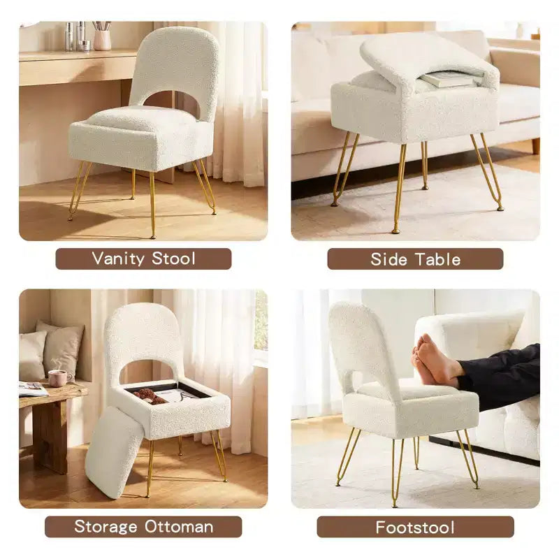 Chaise de coiffeuse Furniliving avec rangement, Chaise de maquillage avec rangement et dossier pliable