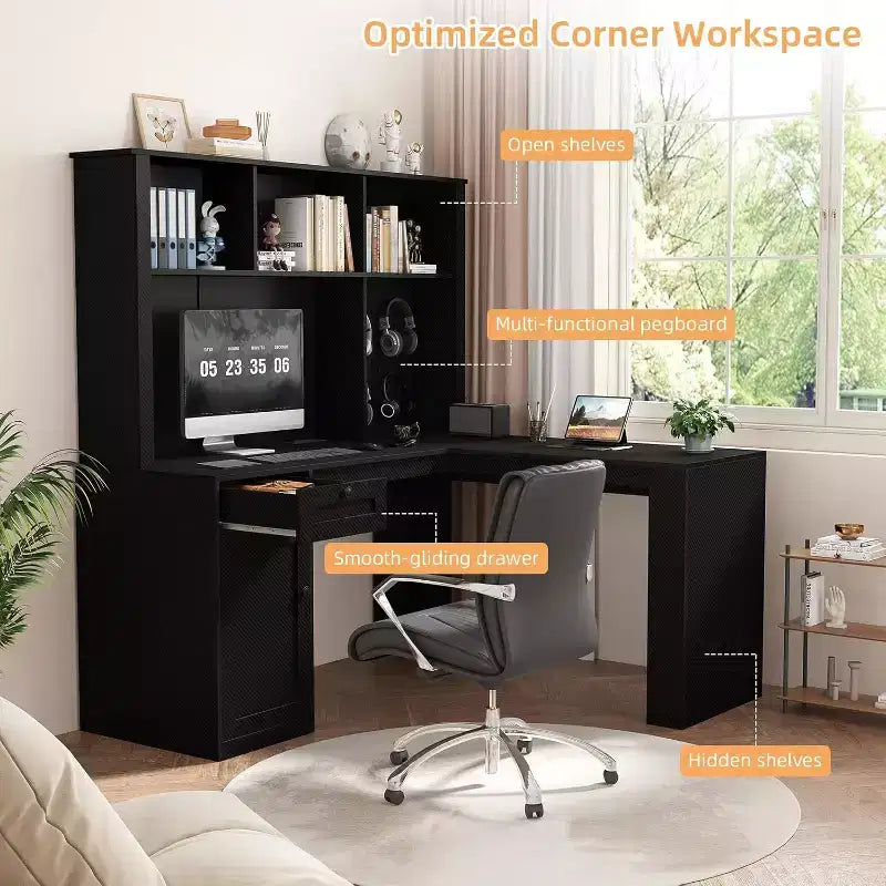 Bureau d'angle en bois MooxvMoo avec lumières LED, tiroirs et étagère, table d'ordinateur d'angle moderne pour bureau à domicile et jeux, noyer