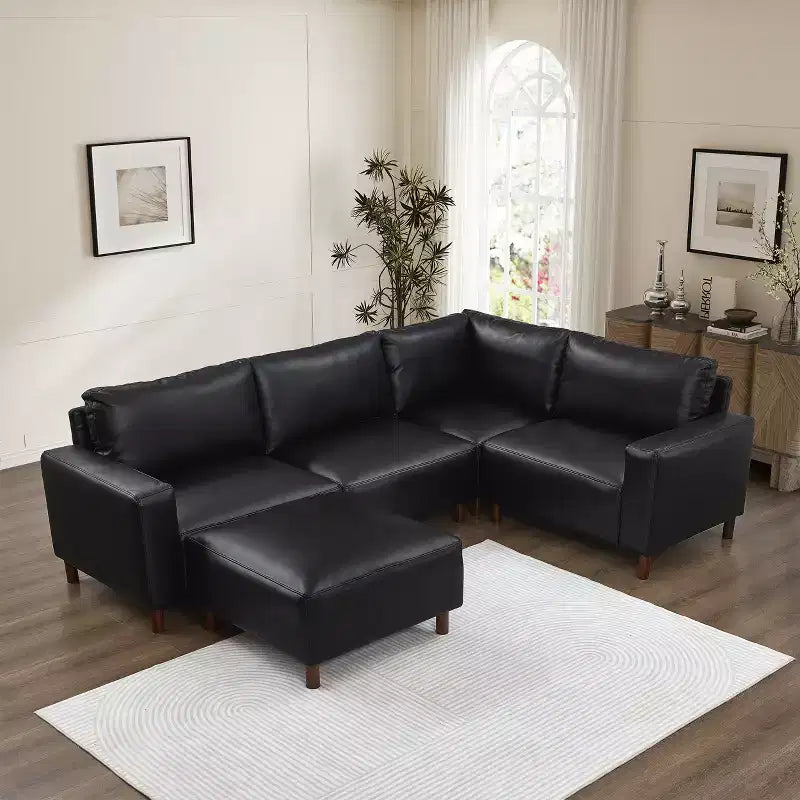 GDFStudio Turner Modern Faux Leather Upholstered Sectional Sofa with Solid Wood Legs