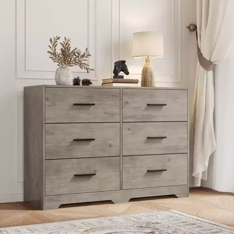 6 Drawer Double Dresser for Bedroom, Modern Wood Chest of Drawers with Metal Handles, Wide Storage Cabinet for Living Room Home Office
