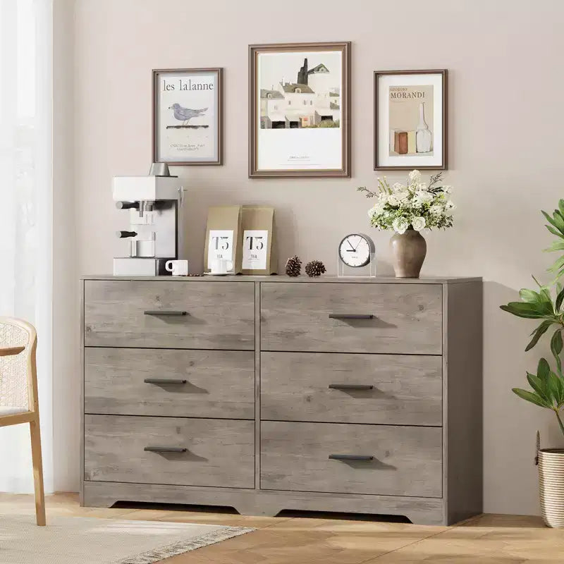 Commode double à 6 tiroirs pour chambre à coucher, commode moderne en bois avec poignées métalliques, grand meuble de rangement pour salon ou bureau à domicile