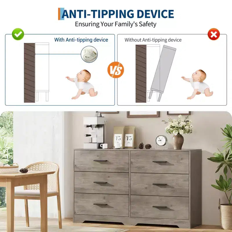 Commode double à 6 tiroirs pour chambre à coucher, commode moderne en bois avec poignées métalliques, grand meuble de rangement pour salon ou bureau à domicile