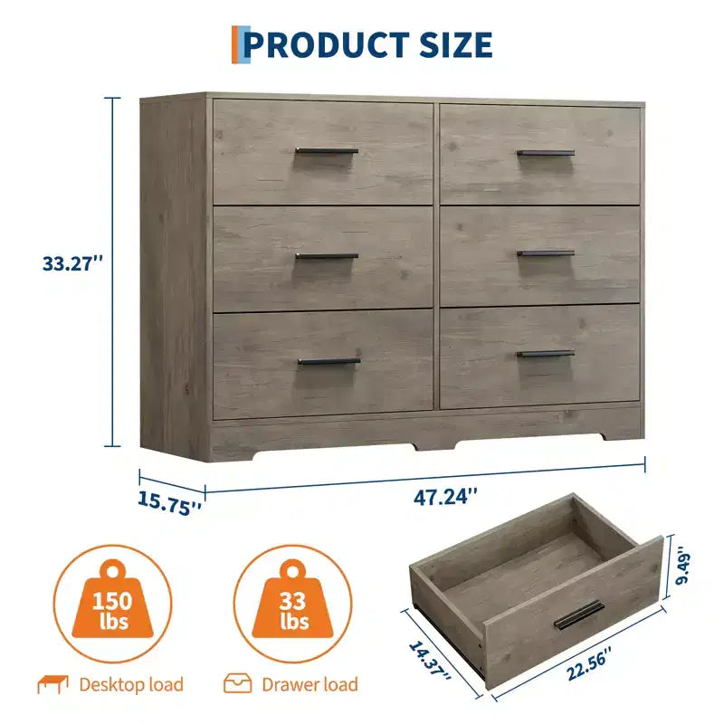Commode double à 6 tiroirs pour chambre à coucher, commode moderne en bois avec poignées métalliques, grand meuble de rangement pour salon ou bureau à domicile
