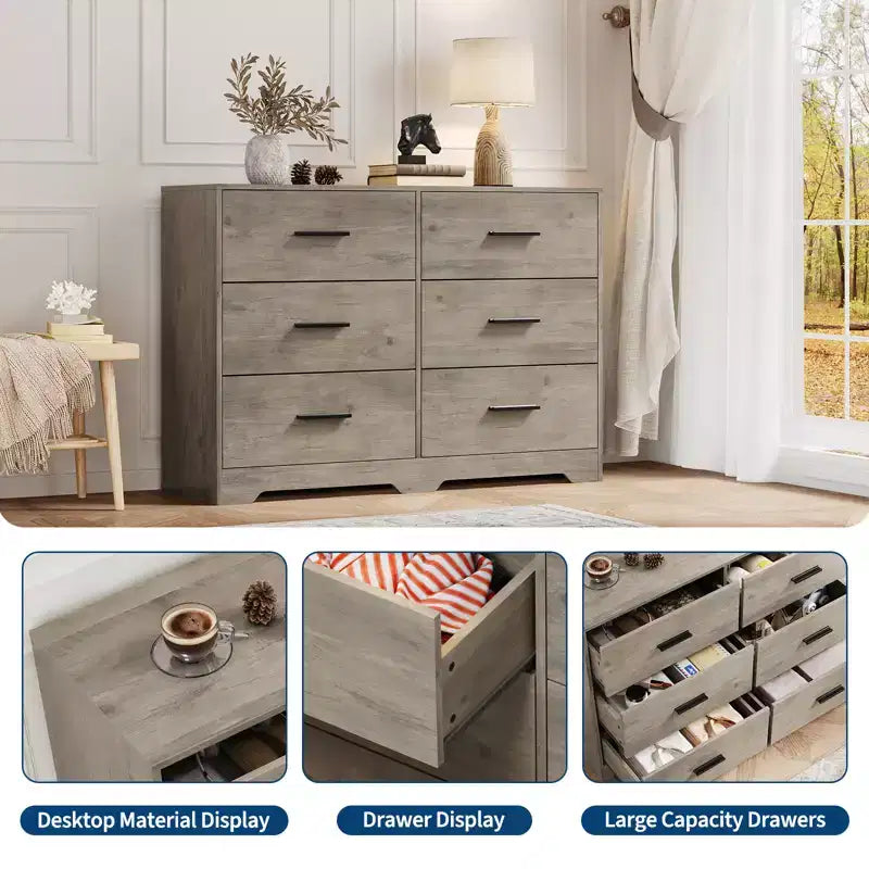 Commode double à 6 tiroirs pour chambre à coucher, commode moderne en bois avec poignées métalliques, grand meuble de rangement pour salon ou bureau à domicile