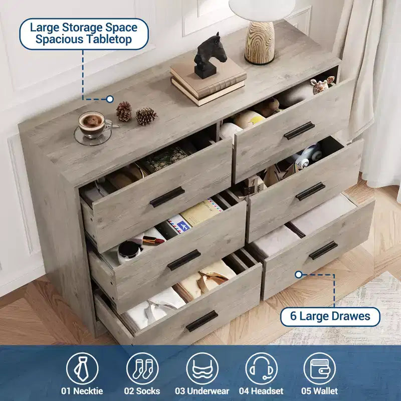 Commode double à 6 tiroirs pour chambre à coucher, commode moderne en bois avec poignées métalliques, grand meuble de rangement pour salon ou bureau à domicile