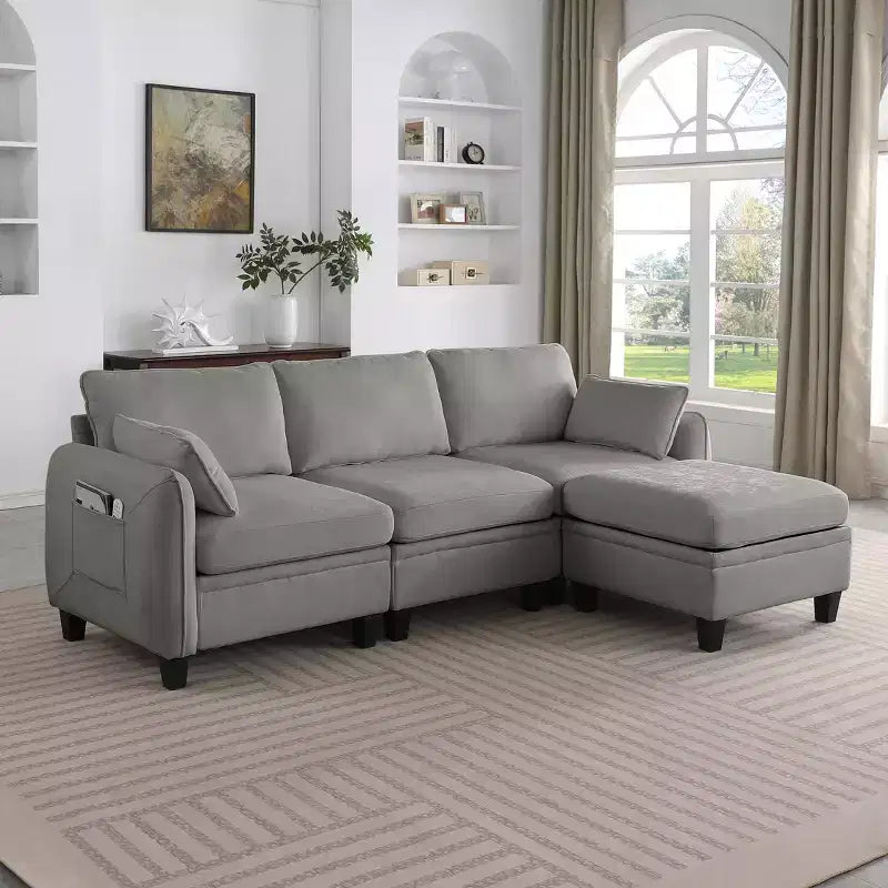 Canapé d'angle contemporain GDFStudio Lancelot 85 pouces en chenille avec pouf de rangement