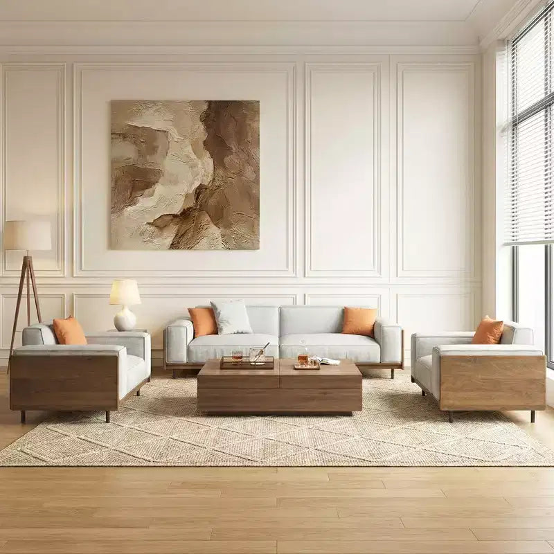 Ensemble de salon moderne du milieu du siècle 4 pièces : canapé, causeuse, fauteuil de salon et table basse à rangement extensible (housses lavables) Gaoyangjiaju