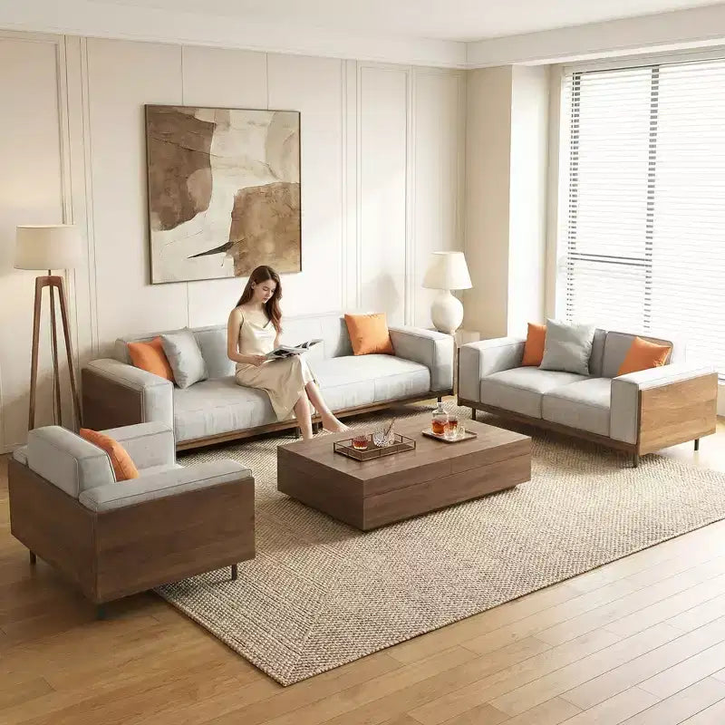 Ensemble de salon moderne du milieu du siècle 4 pièces : canapé, causeuse, fauteuil de salon et table basse à rangement extensible (housses lavables) Gaoyangjiaju