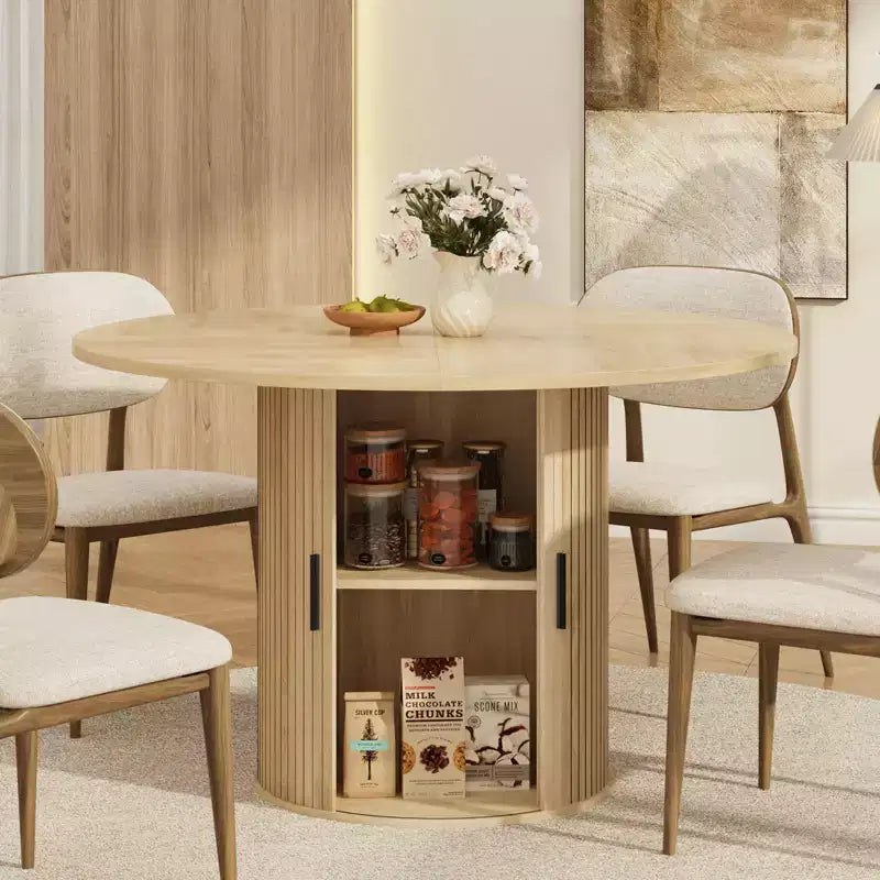Table à manger ronde de 47 pouces pour 4 personnes, étagère de rangement à 2 niveaux avec porte coulissante en bois, table de cuisine pour salle à manger et salon