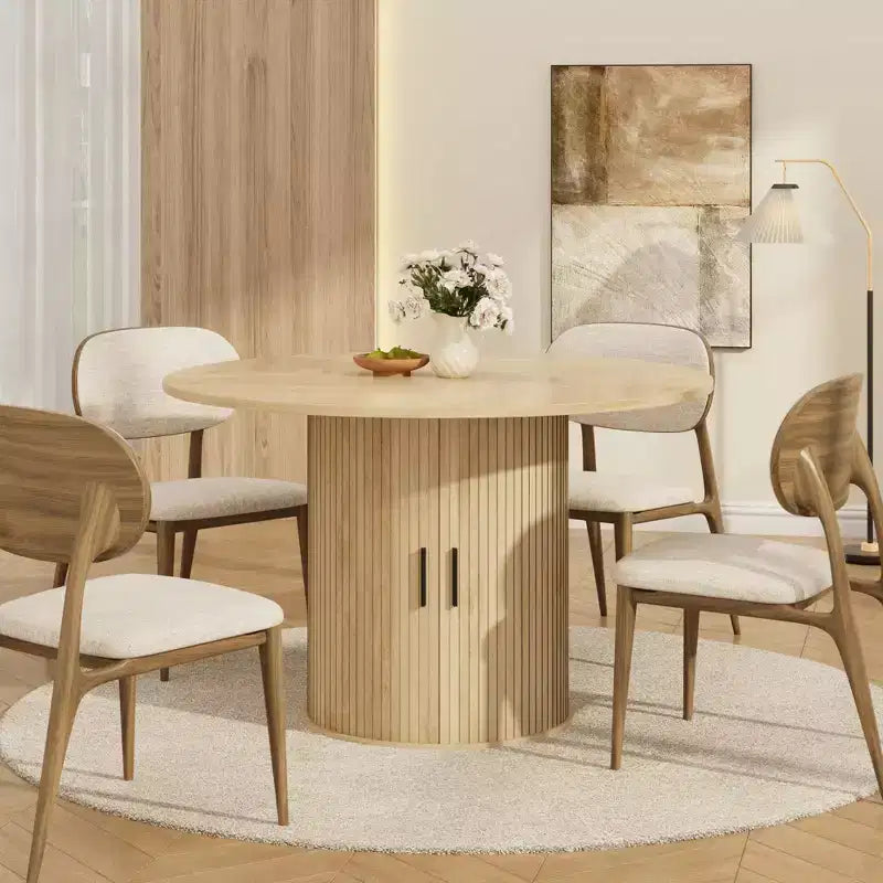 Table à manger ronde de 47 pouces pour 4 personnes, étagère de rangement à 2 niveaux avec porte coulissante en bois, table de cuisine pour salle à manger et salon