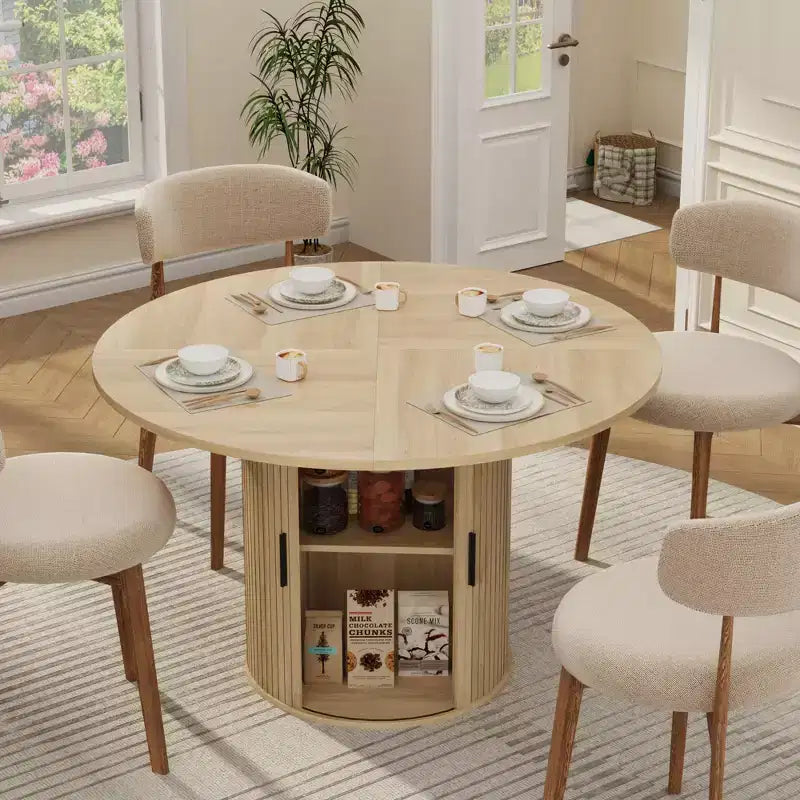 Table à manger ronde de 47 pouces pour 4 personnes, étagère de rangement à 2 niveaux avec porte coulissante en bois, table de cuisine pour salle à manger et salon