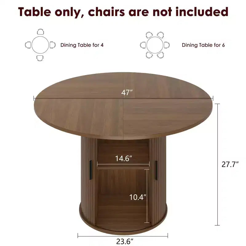 Table à manger ronde de 47 pouces pour 4 personnes, étagère de rangement à 2 niveaux avec porte coulissante en bois, table de cuisine pour salle à manger et salon